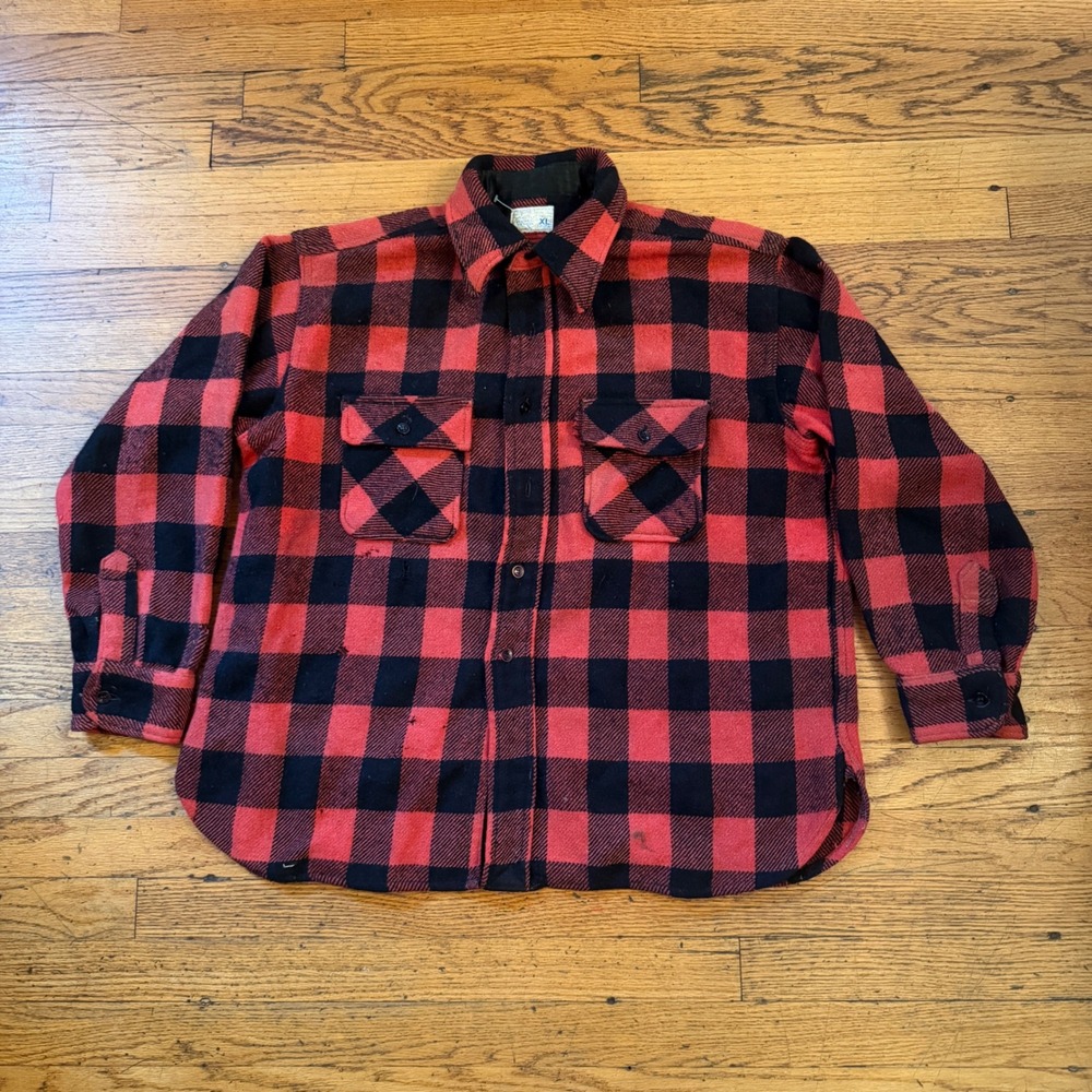Vintage 70s JC Penney Town Craft Wool Flannel Shirt Red Black Buffalo Plaid XL